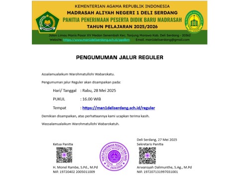 MAN 1 Deli Serdang Umumkan Hasil Tes PPDBM Jalur Reguler TP. 